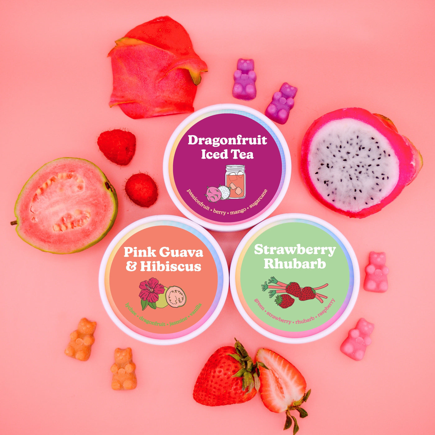 Three round wax melt containers labeled Dragonfruit Iced Tea, Pink Guava & Hibiscus, and Strawberry Rhubarb, surrounded by fr