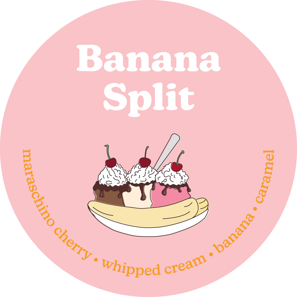 Round label with illustration of banana split and scent notes on a pink background