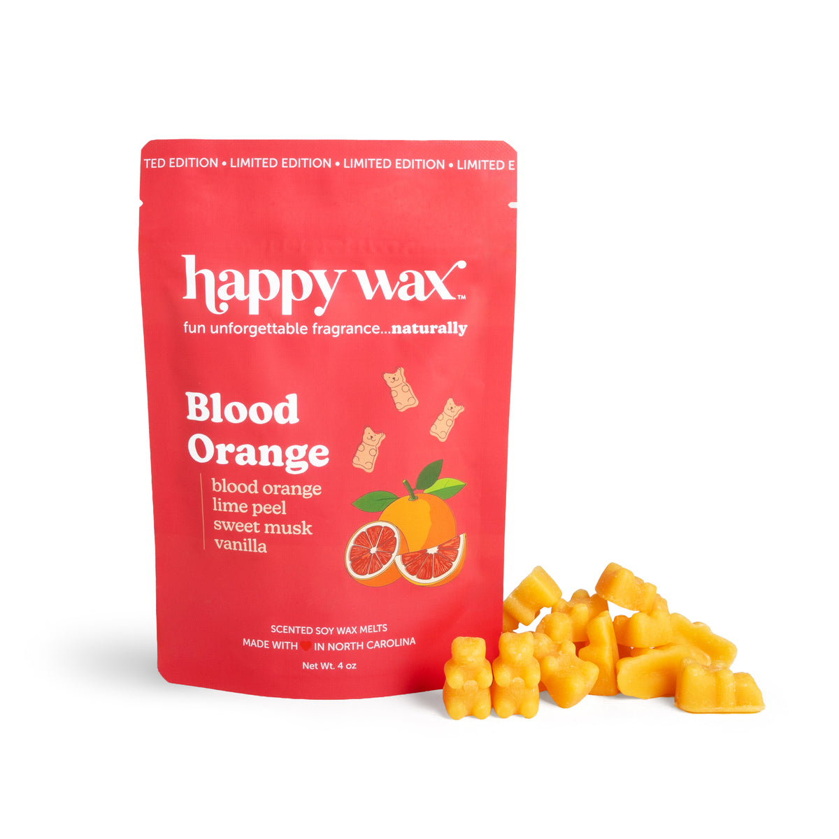 Happy Wax Blood Orange wax melts packaging with orange bear shaped wax melts on a white background