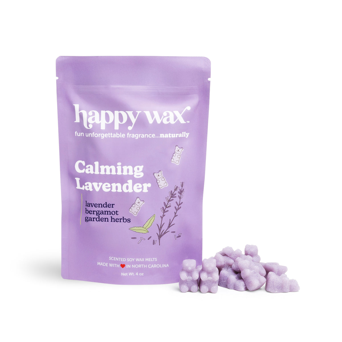 Purple packaging of happy wax Calming Lavender wax melts on a white background
