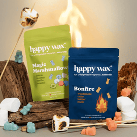 Happy Wax melts pouches on beige background with toasted marshmallows and wood