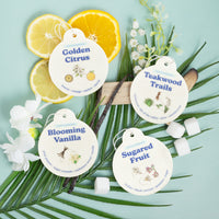 Four white oval car charms labeled Golden Citrus, Teakwood Trails, Blooming Vanilla, and Sugared Fruit, arranged with lemon s