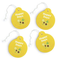 Four yellow round car charms with "Happy Days" text and sunflower design, each with white string attachment.