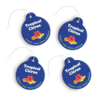 Four blue circular car charms with white strings, each featuring "Tropical Citrus" text and illustrations of citrus fruits an