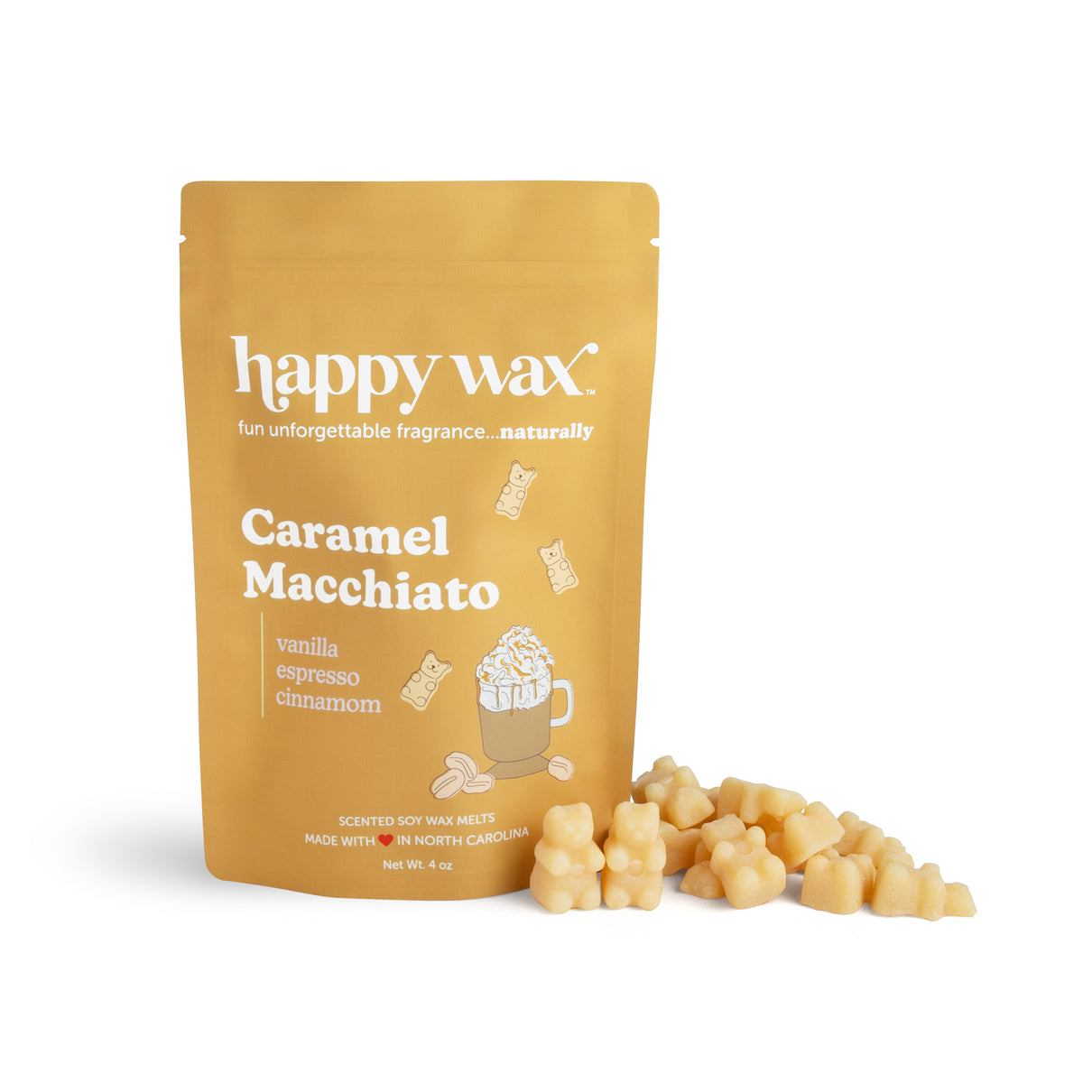 Happy Wax Caramel Macchiato wax melt package with wax melts on a white background