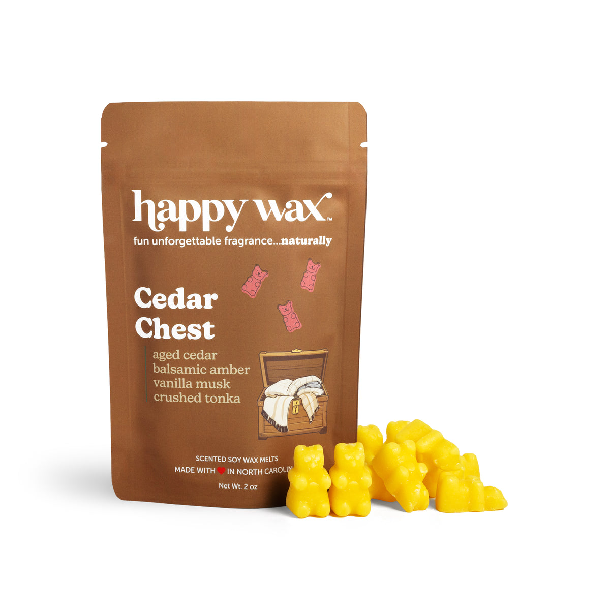 Happy Wax Cedar Chest Pouch with yellow wax bears on white background