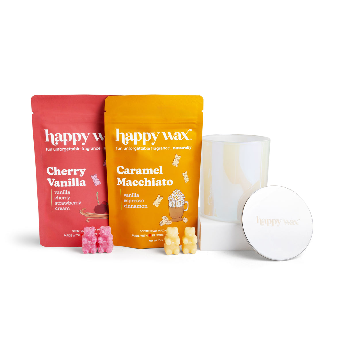 happy wax melt pouches with iridescent jar on white background