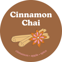Brown circular label with "Cinnamon Chai" text, illustrated cinnamon sticks and star anise flower, ingredient notes below.