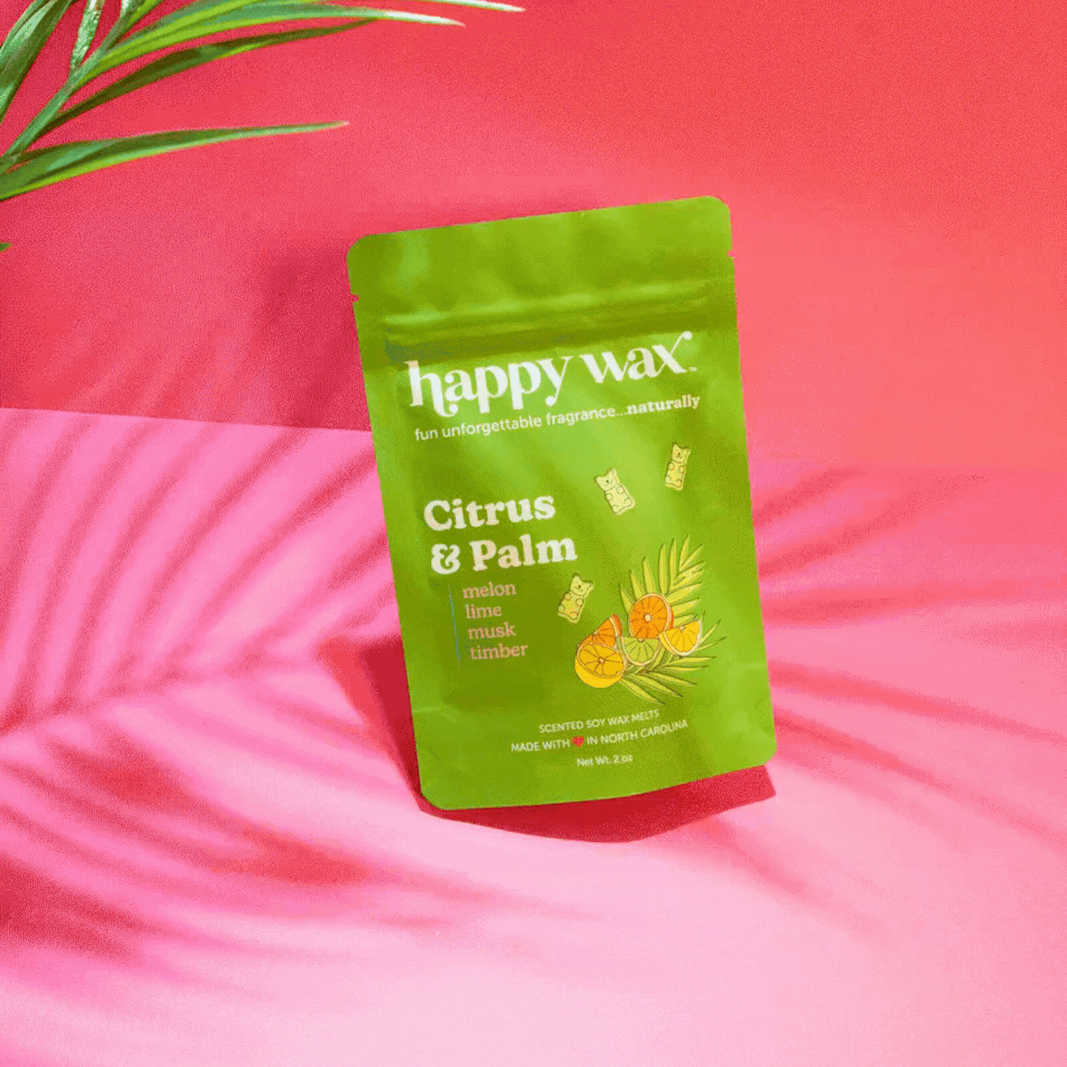 Citrus & Palm wax melt pouch surrounded by tropical fruit on a pink background with palm shadow