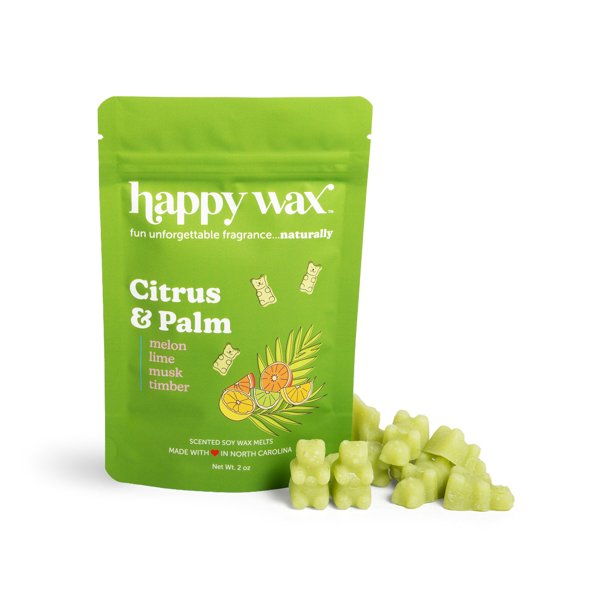 Happy Wax Citrus & Palm wax melt package with wax melts on a white background