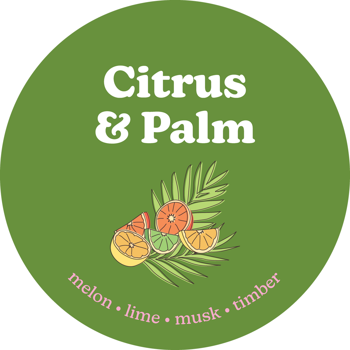 Round green label with 'Citrus & Palm' text and tropical elements on a white background