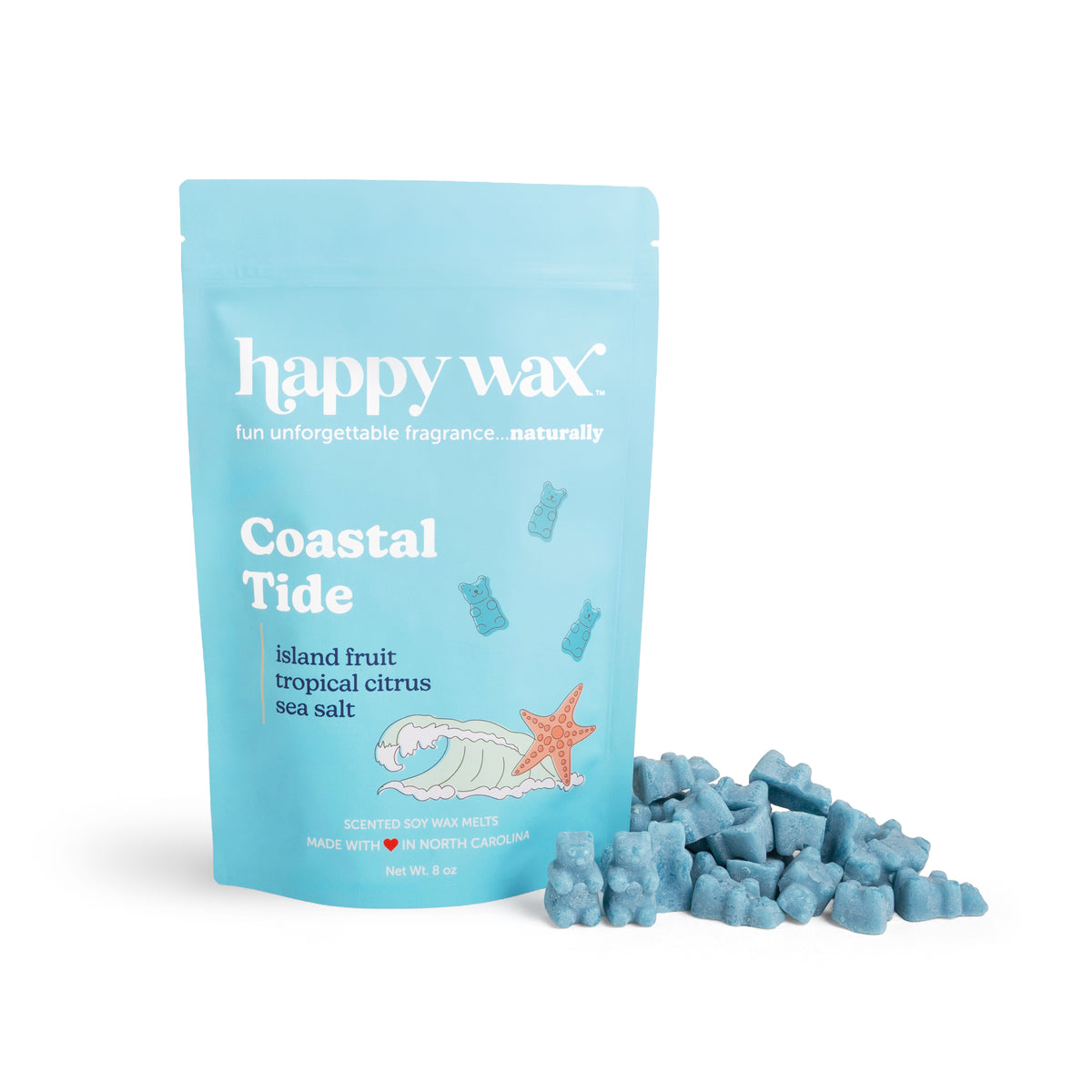 Happy Wax Coastal Tide wax melts packaging with wax melts on a white background