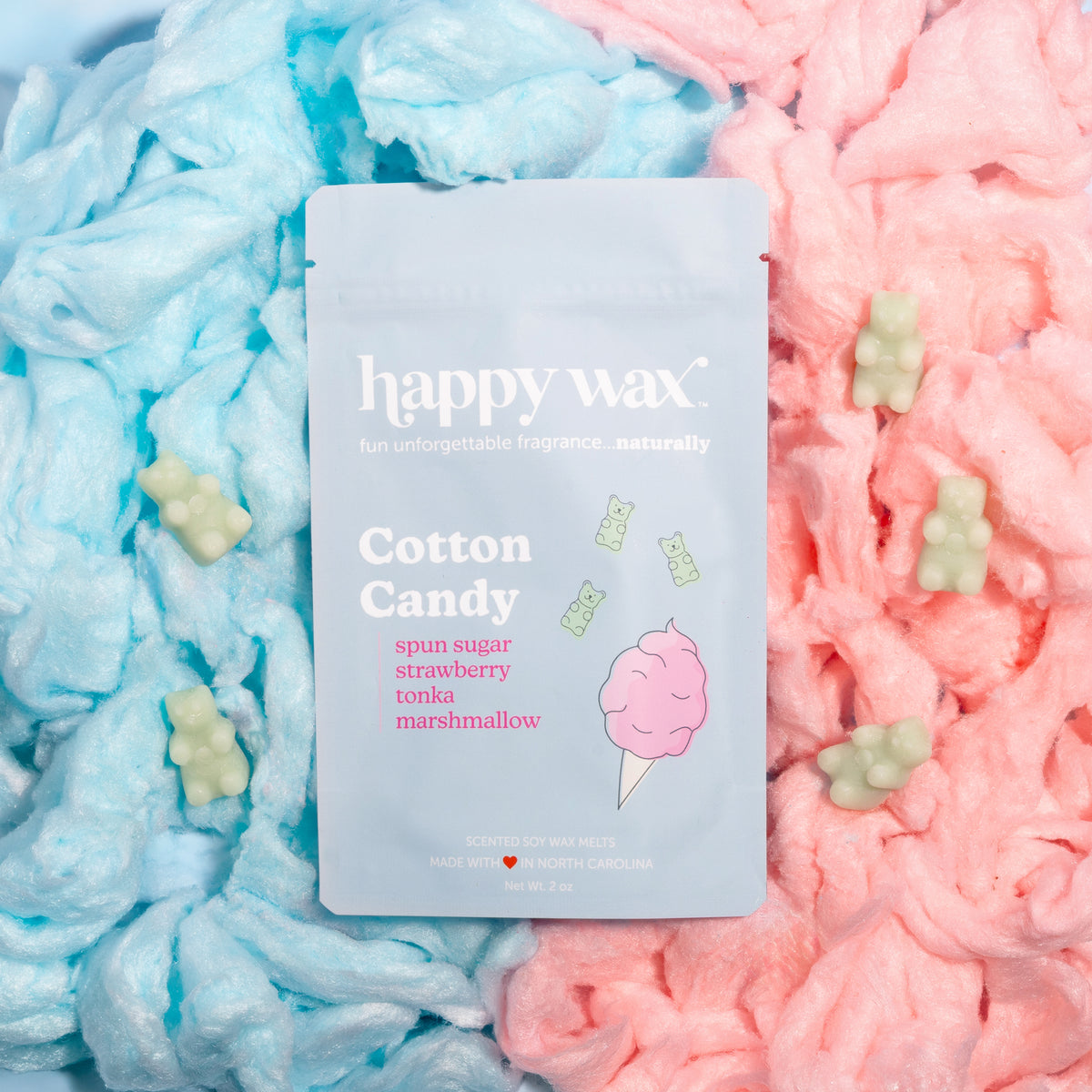 Cotton Candy wax melt pouch on blue and pink cotton candy with wax melt bears