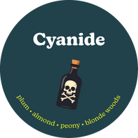 Round teal label for Cyanide wax melts featuring a poison bottle, and scent notes.