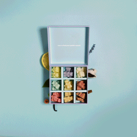 Wax melt discovery kit with nine compartments containing assorted colored wax melts in yellow, pink, and coral tones.