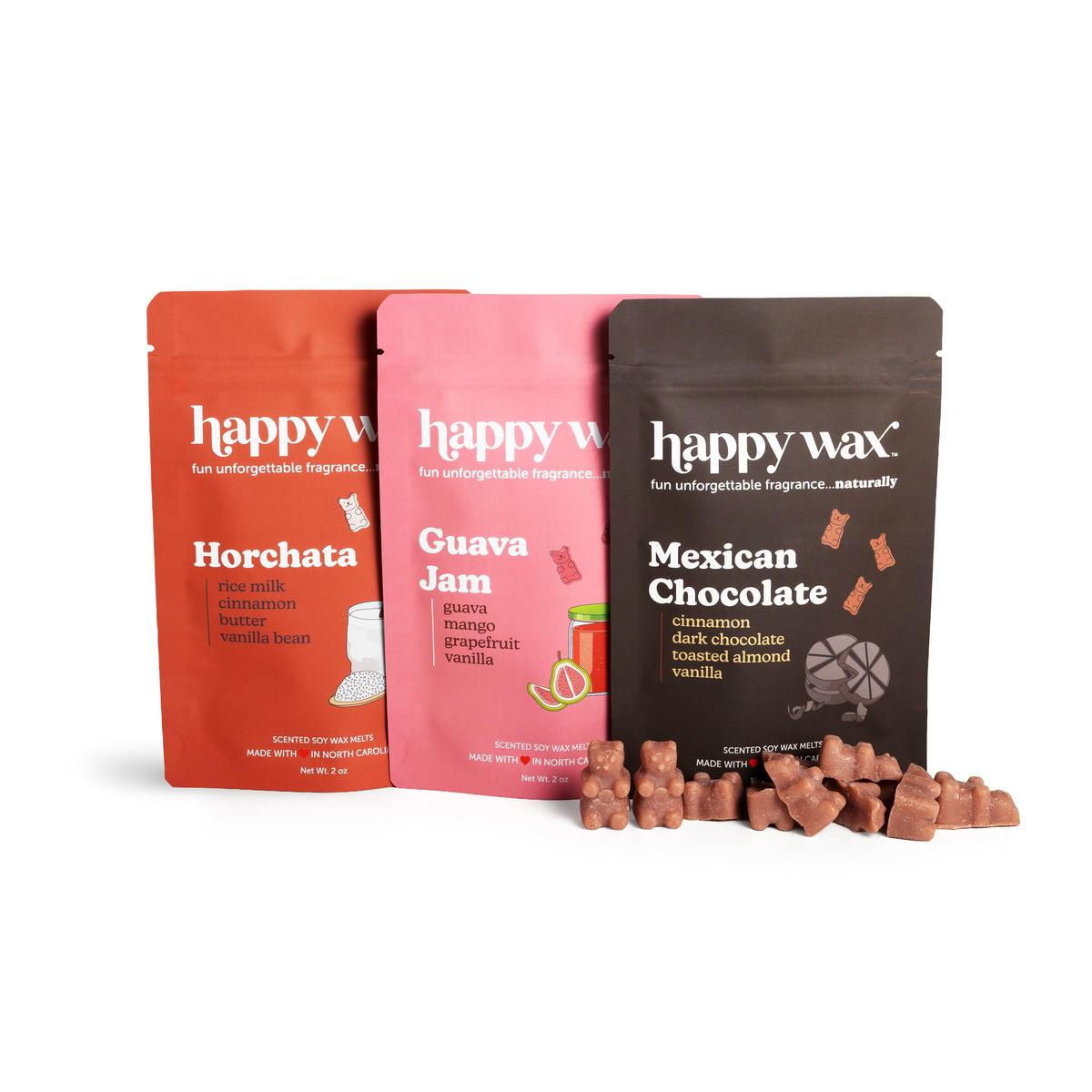 Mexican Chocolate, Guava Jam, and Horchata wax melt pouches on white background