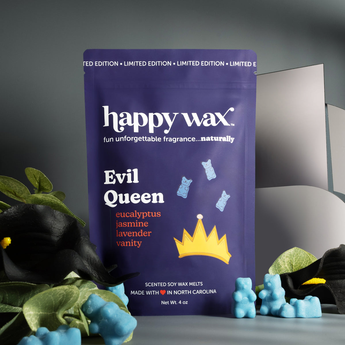 Happy Wax Evil Queen Pouch with blue wax bears, mirrors and black lilies on grey background