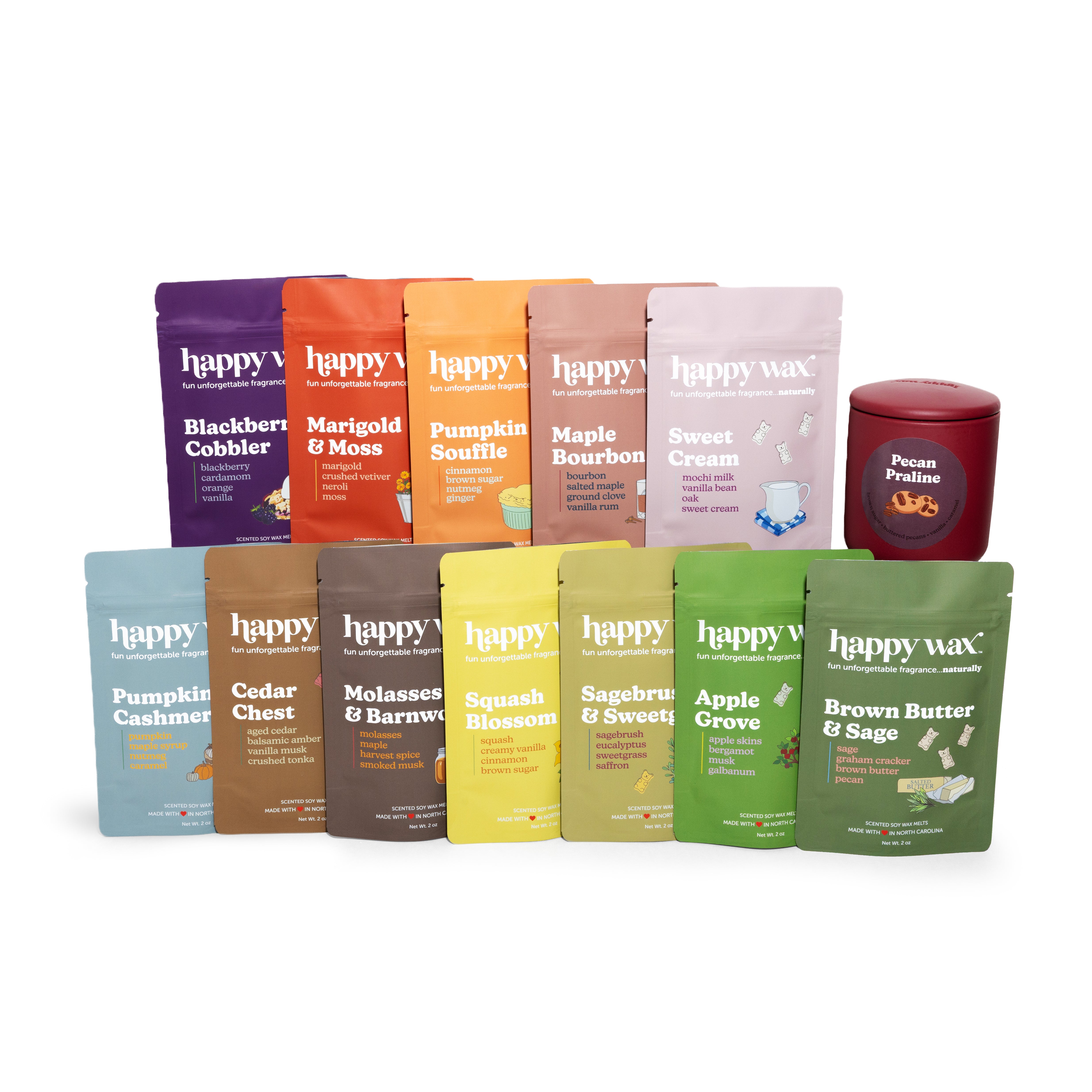 Happy Wax Golden Acre Collector's Club scents on white background