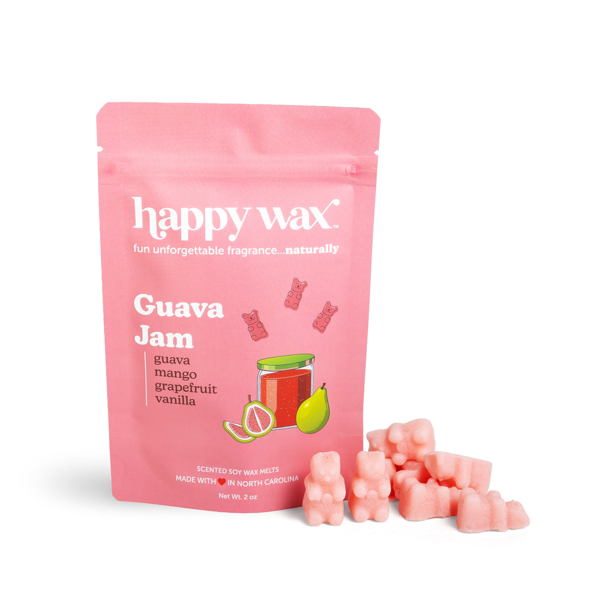Happy Wax Guava Jam wax melts packaging with wax melts on a white background