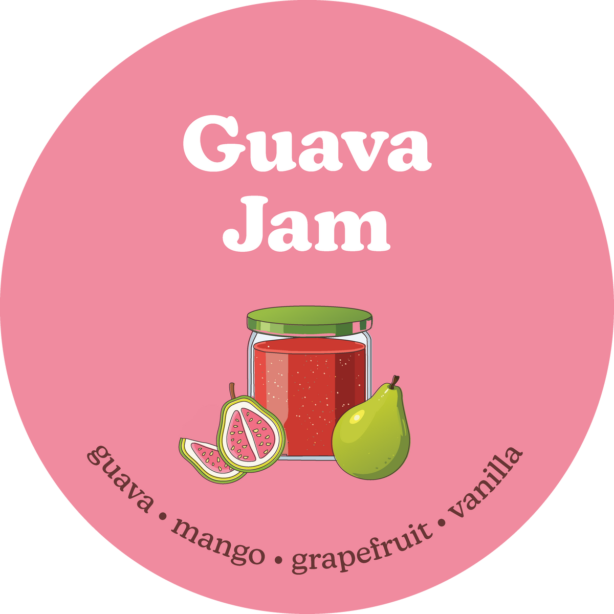 Guava Jam label with a pink background, jar illustration, and fruit graphics.