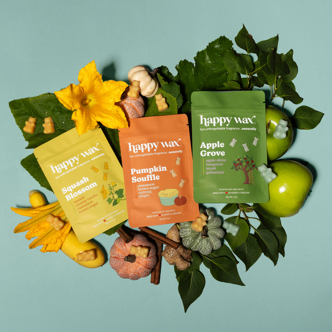 Happy Wax Hand Picked Collection - Squash Blossom, Pumpkin Souffle and Apple Grove, with apples, pumpkins, squash blossoms, cinnamon, and greenery on light blue background