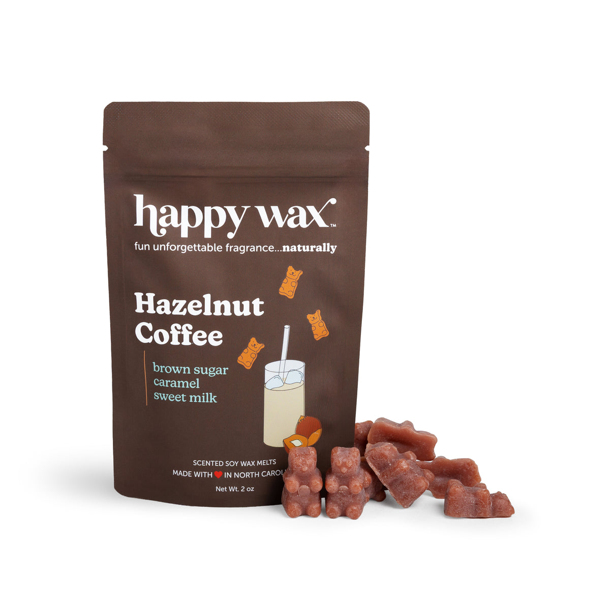 Happy Wax Hazelnut Coffee 2 ounce packaging with wax bears on white background.