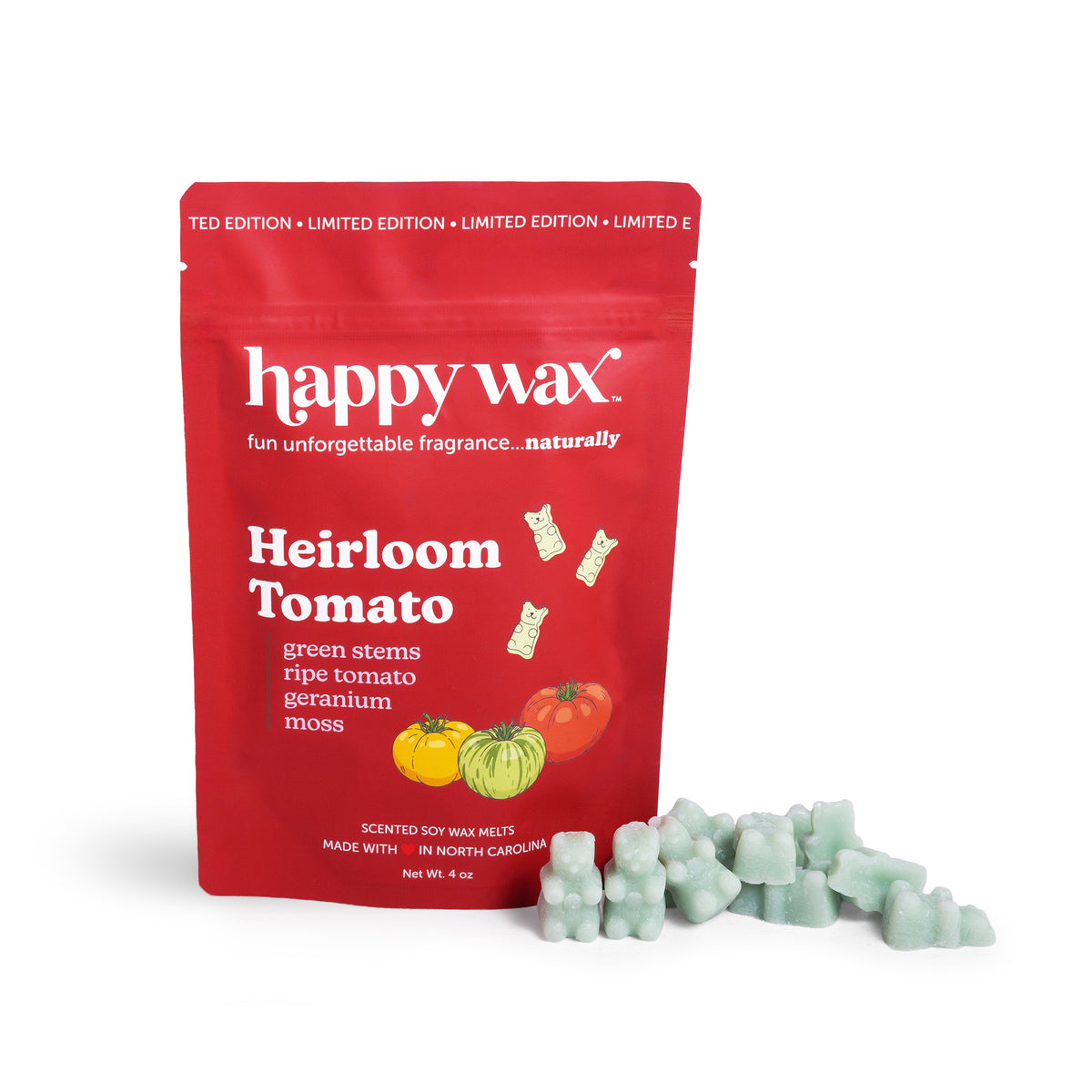 Happy Wax Heirloom Tomato wax melt package with wax melts on a white background