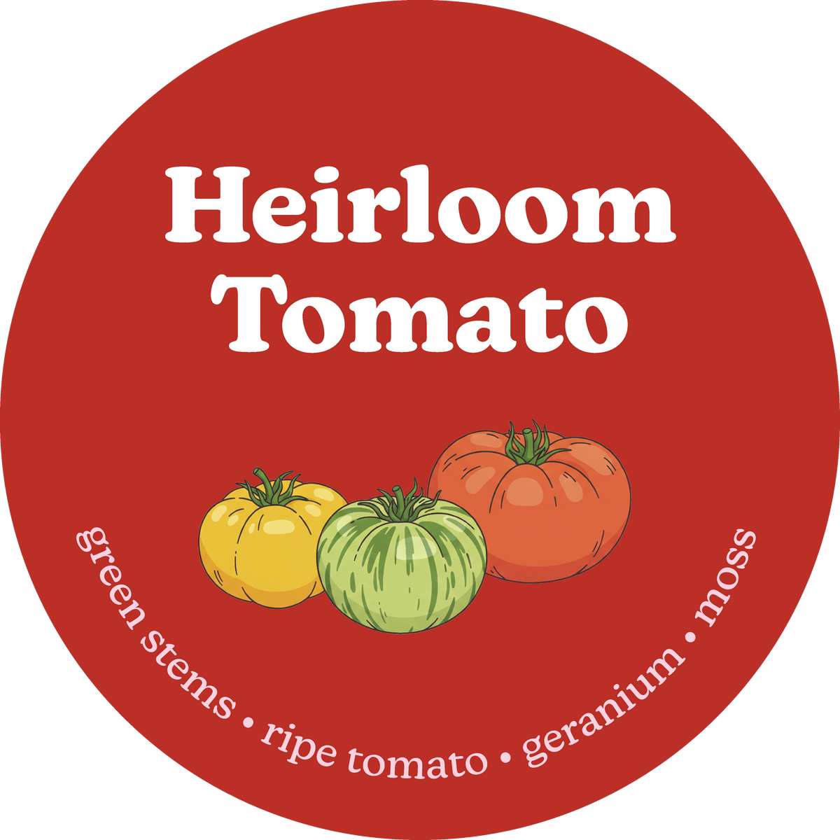 Round label with 'Heirloom Tomato' text and illustrations of tomatoes on a red background.
