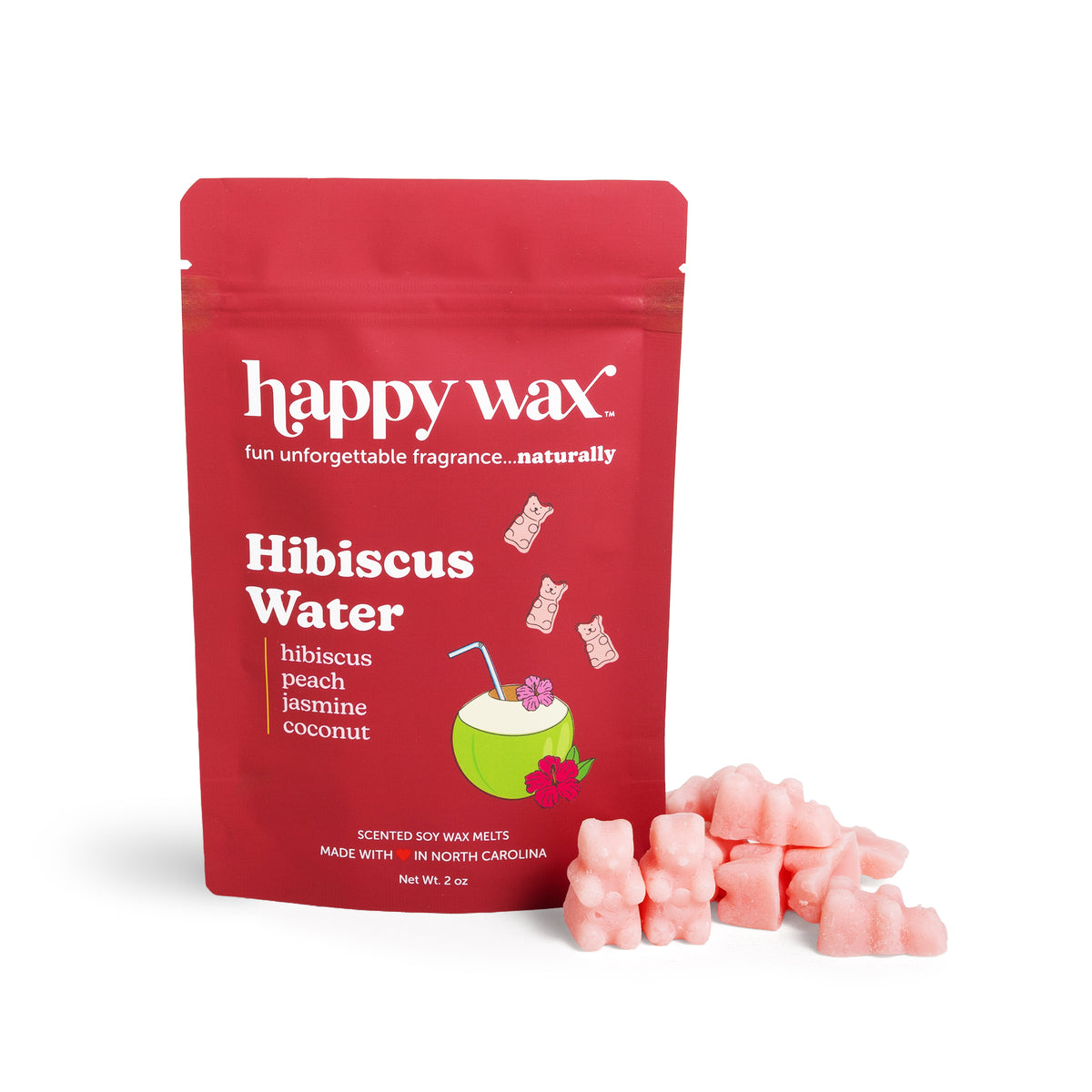 Red package of happy wax Hibiscus Water scented wax melts on a white background