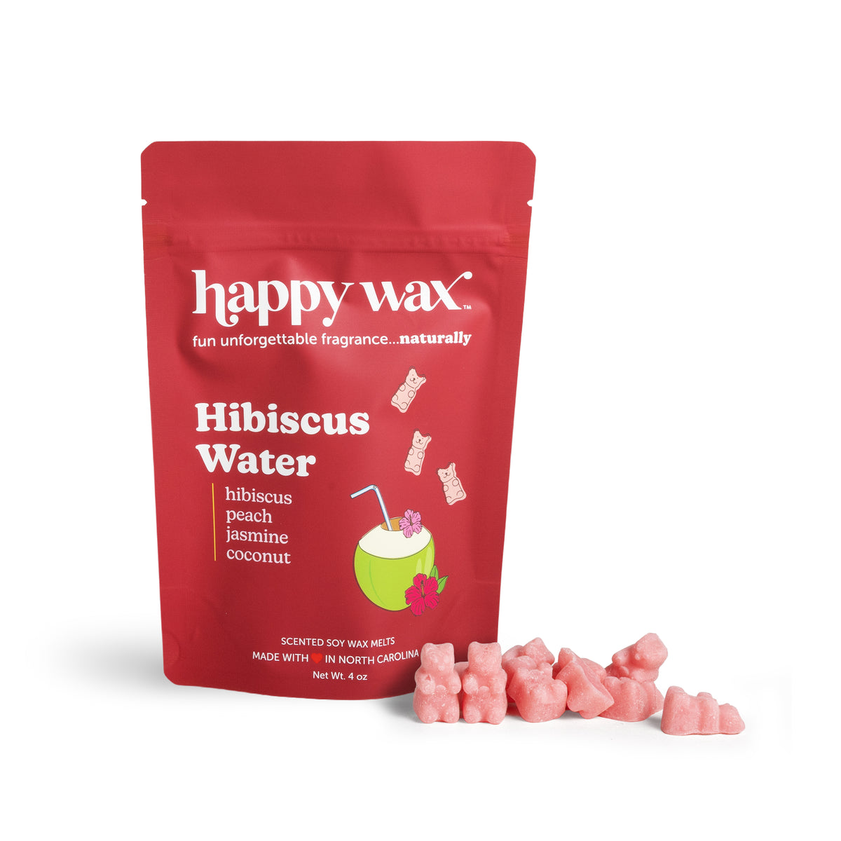 Red package of 'happy wax' Hibiscus Water with pink wax melts on a white background