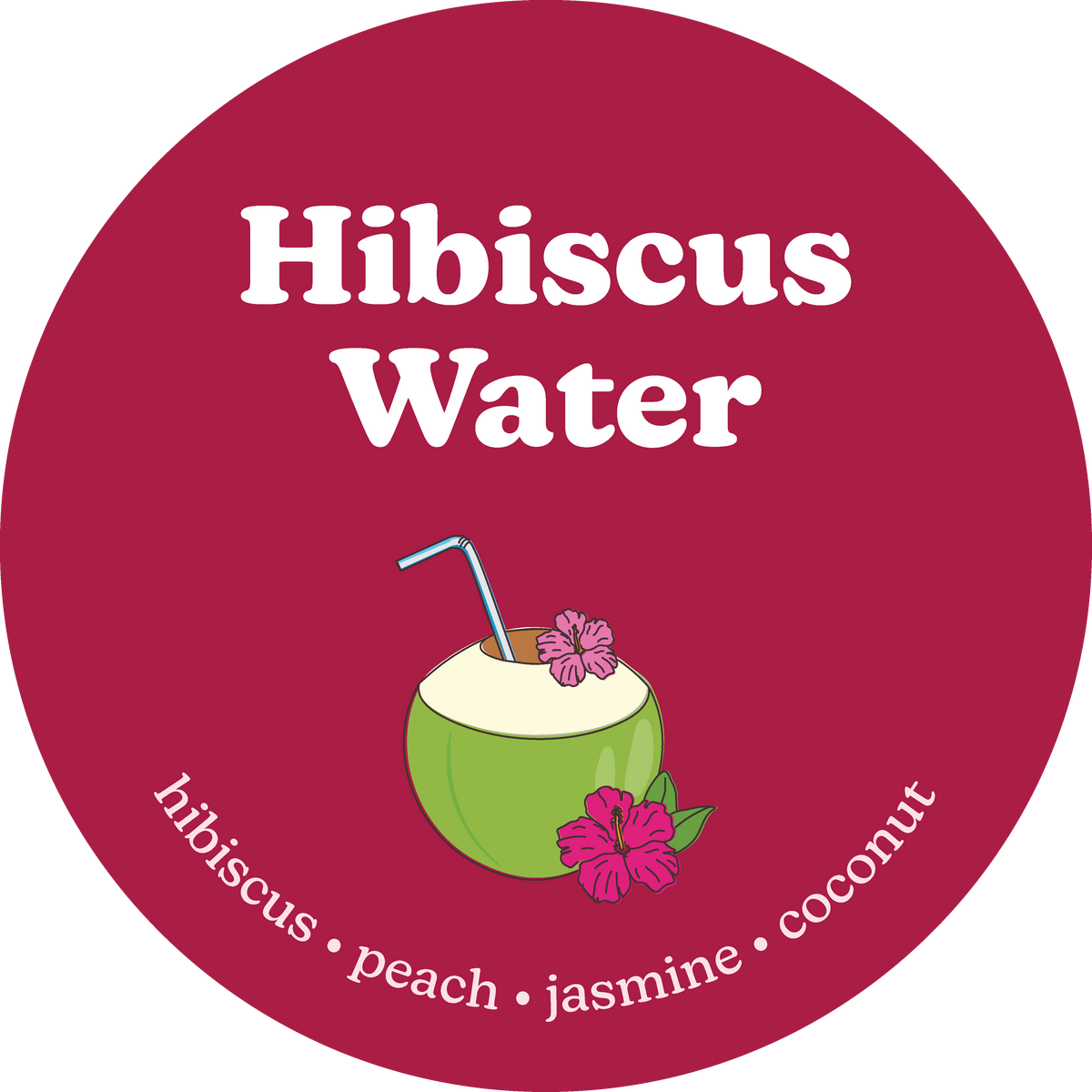 Hibiscus water label with a coconut illustration on a red background