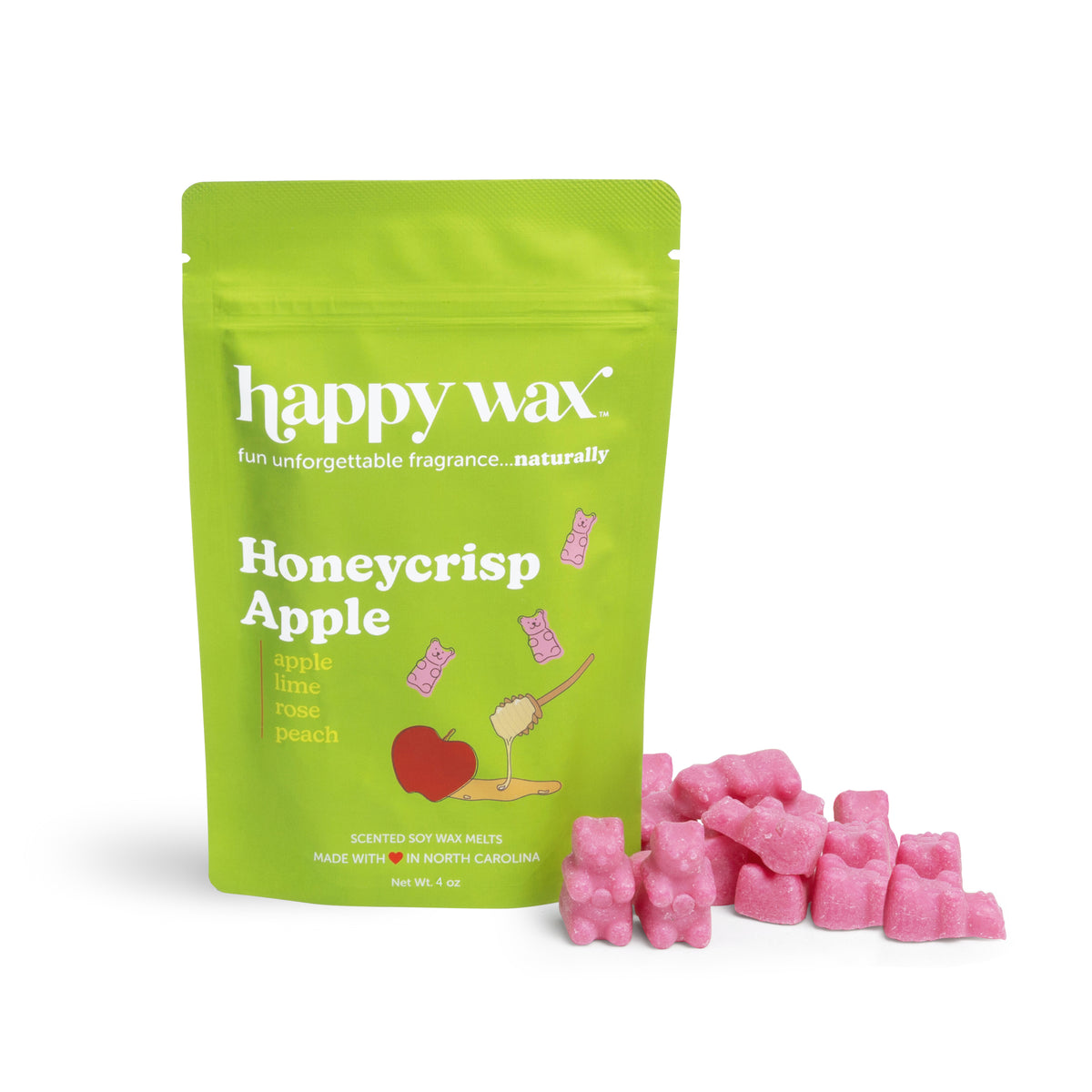 Happy Wax Honeycrisp Apple Pouch with pink wax bears on white background
