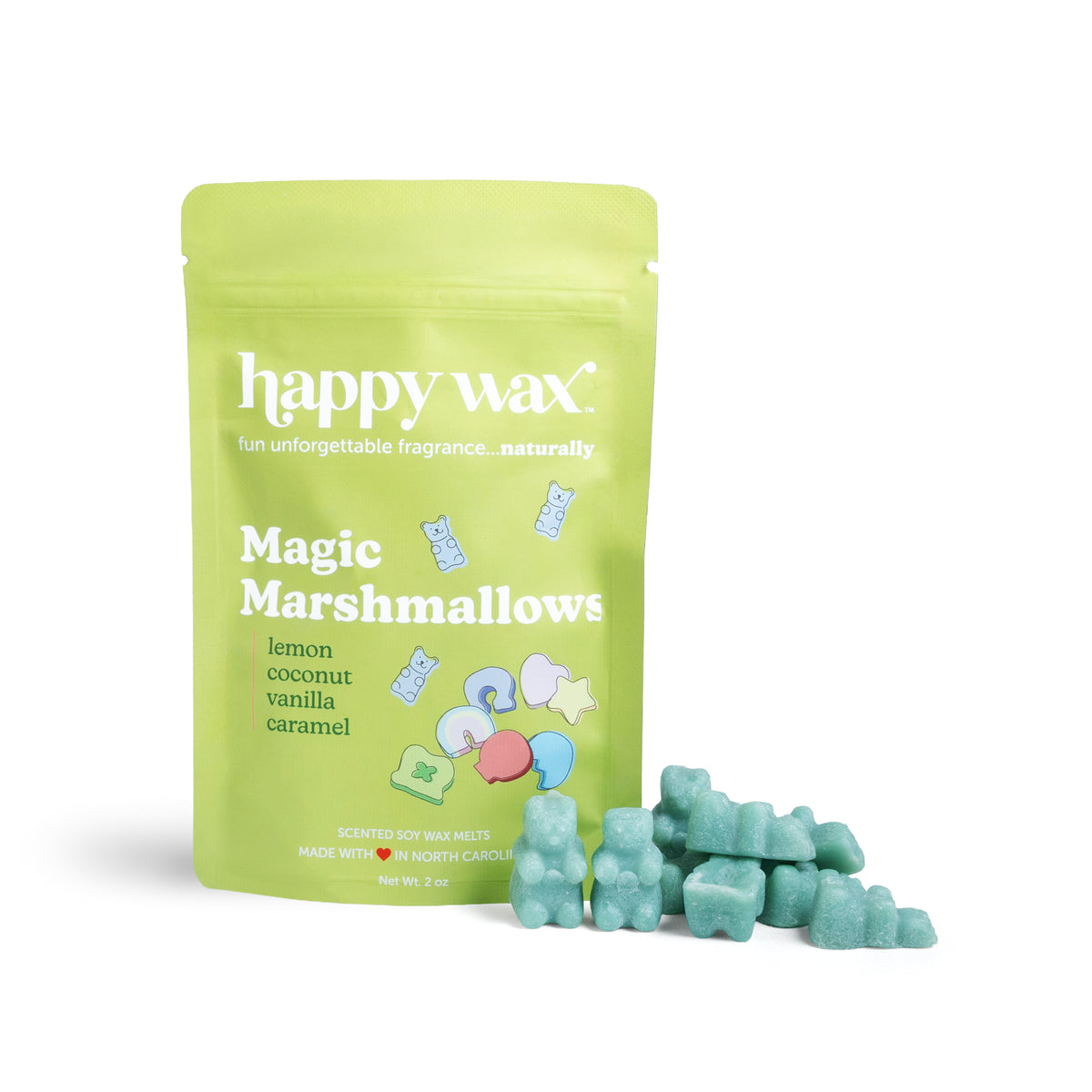 Happy Wax Magic Marshmallows packaging with marshmallows on a white background