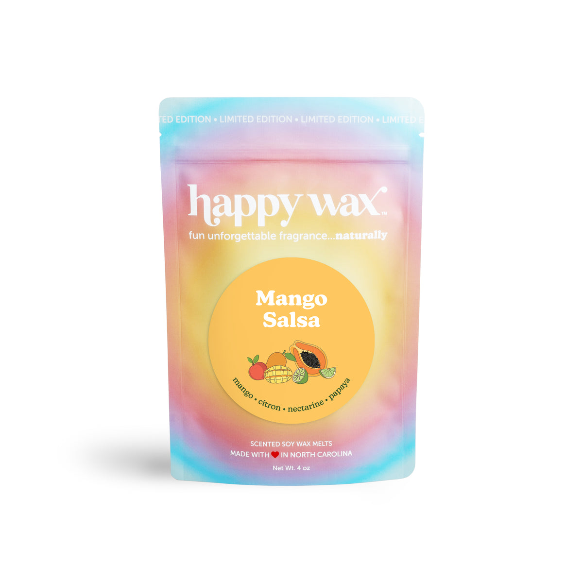Happy Wax Mango Salsa scented wax melt packaging on a white background