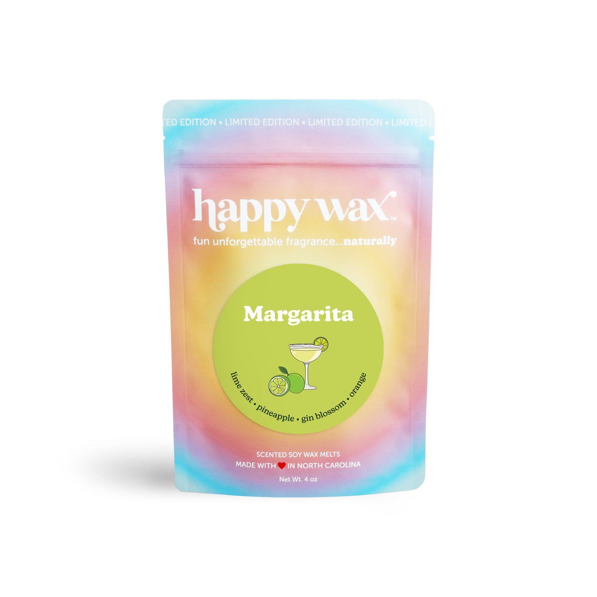 Happy Wax Margarita scented wax melt packaging on a white background