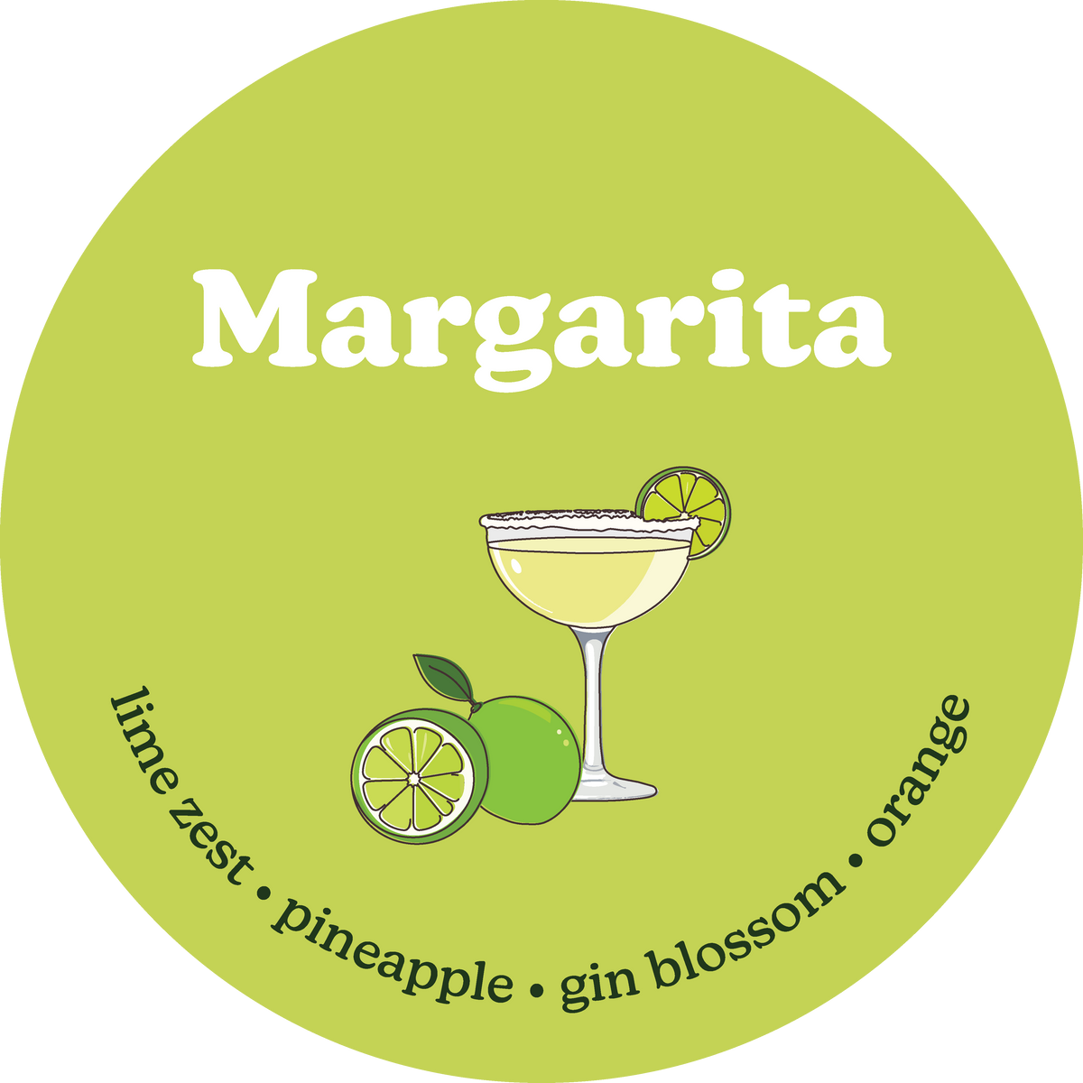 Margarita label with cocktail illustration and ingredients on a green background