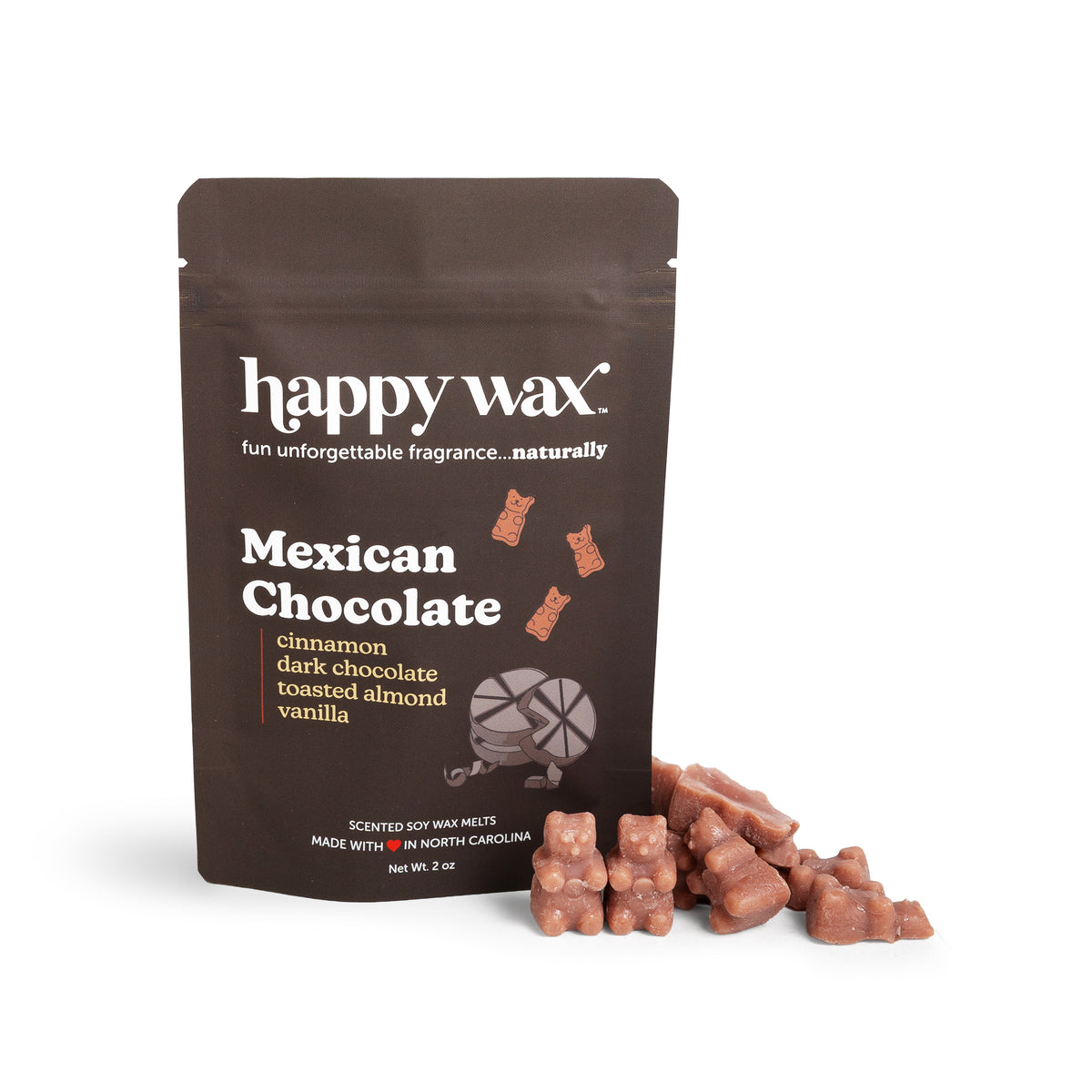 Happy Wax Mexican Chocolate wax melt package with wax melts on a white background
