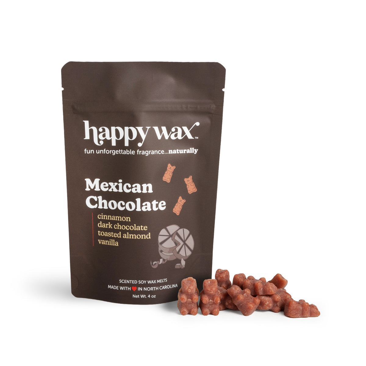 Happy Wax Mexican Chocolate scented wax melts packaging with wax melts on a white background