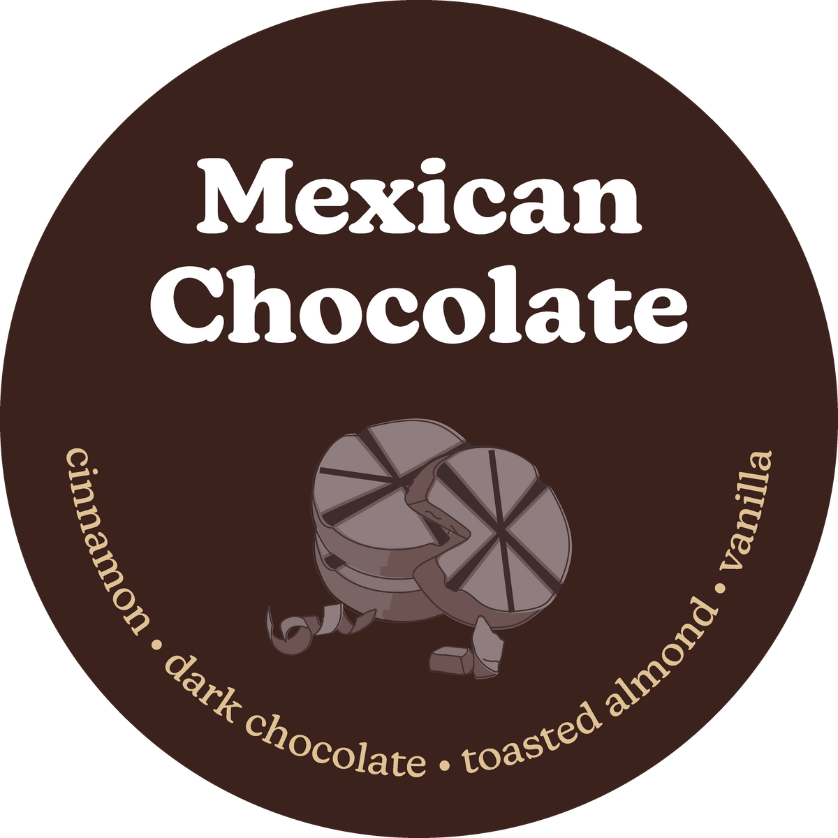 Round label for Mexican chocolate with a chocolate bar illustration and flavor text.