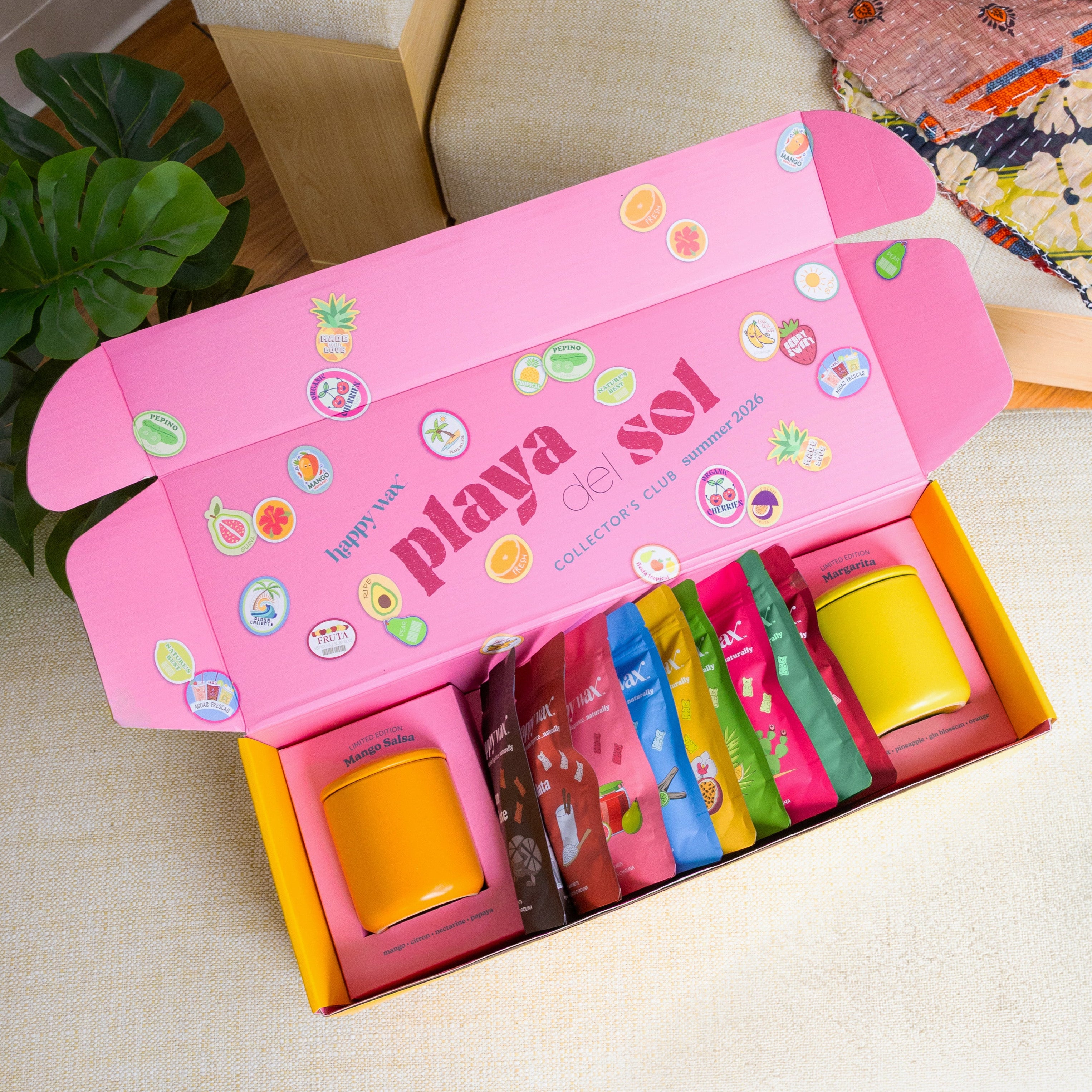 Happy Wax Playa del Sol Summer collection wax melts box with a plant and colorful fabric in the background.