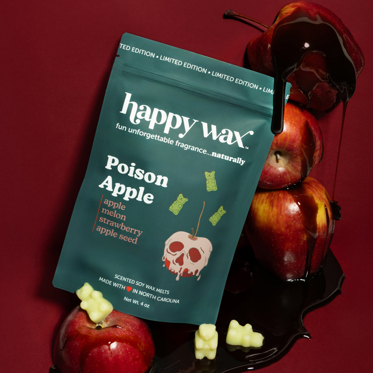 Happy Wax Poison Apple with apples molasses and light green wax bears on red background