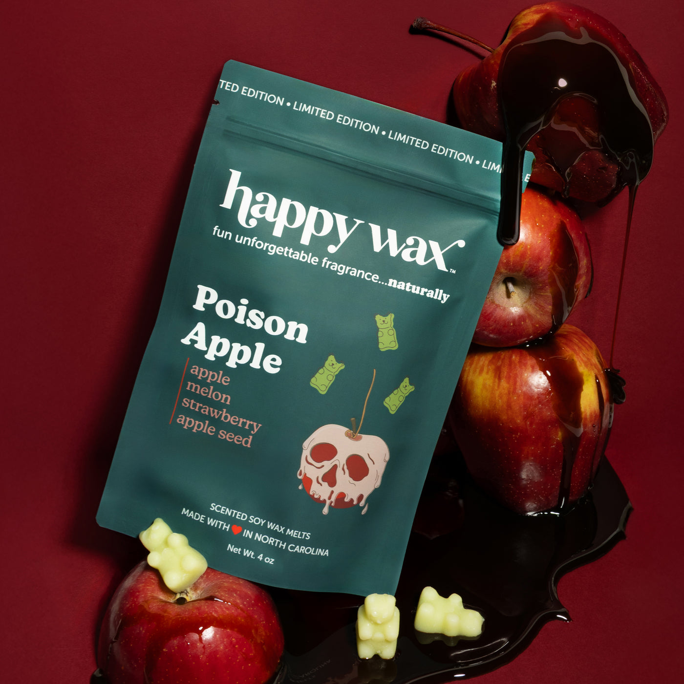 Happy Wax Poison Apple with apples molasses and light green wax bears on red background