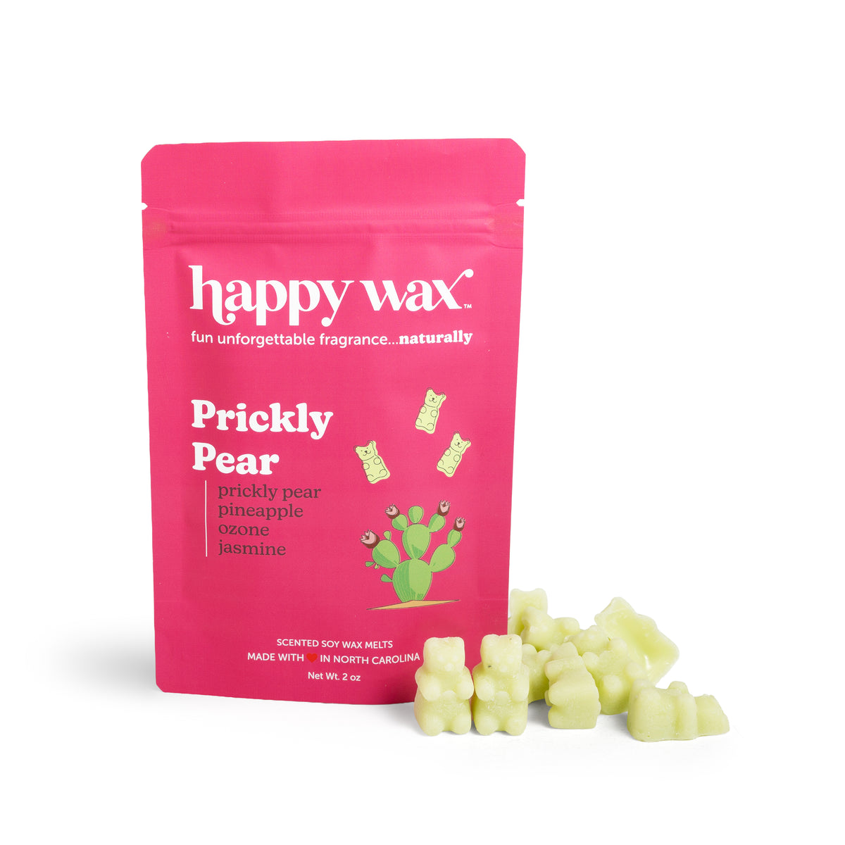 Happy Wax Prickly Pear wax melt package with wax melts on a white background