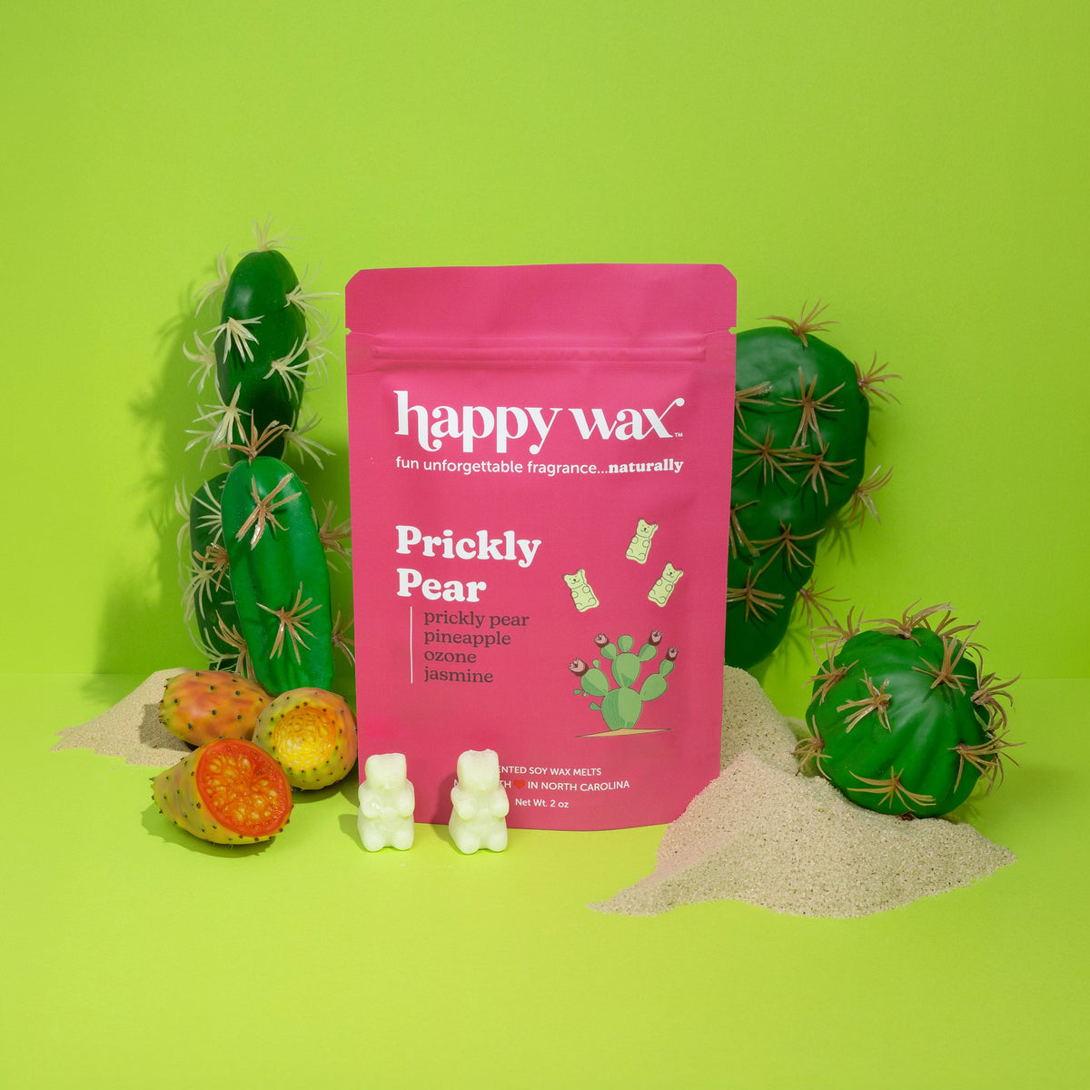 Happy Wax Prickly Pear wax melt package with decorative cacti and wax melt bears on a green background