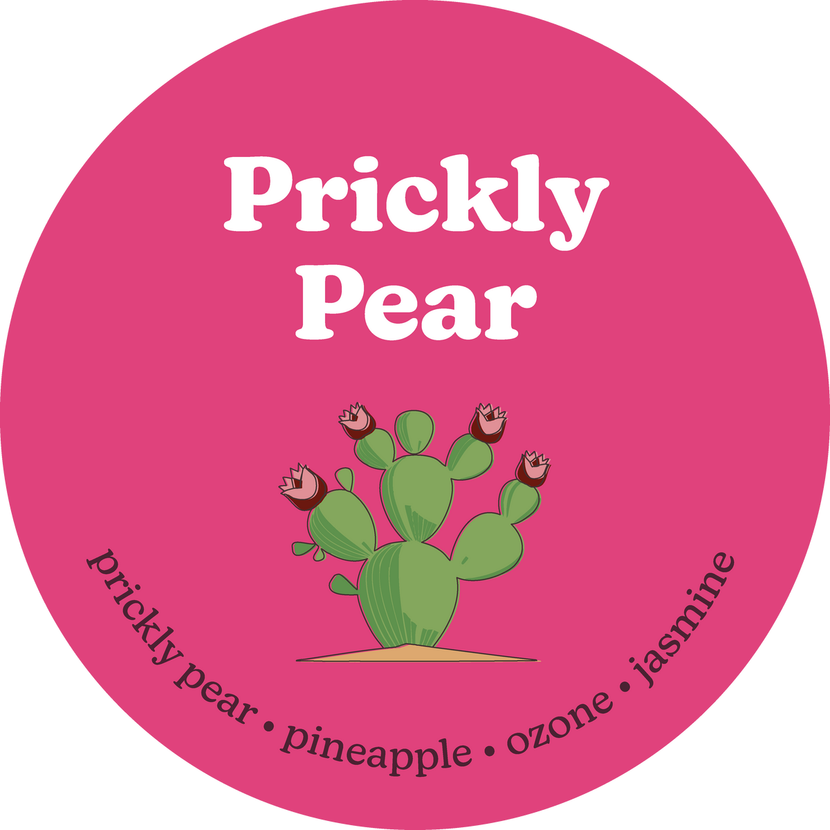 Round label with 'Prickly Pear' text and cactus illustration on a pink background