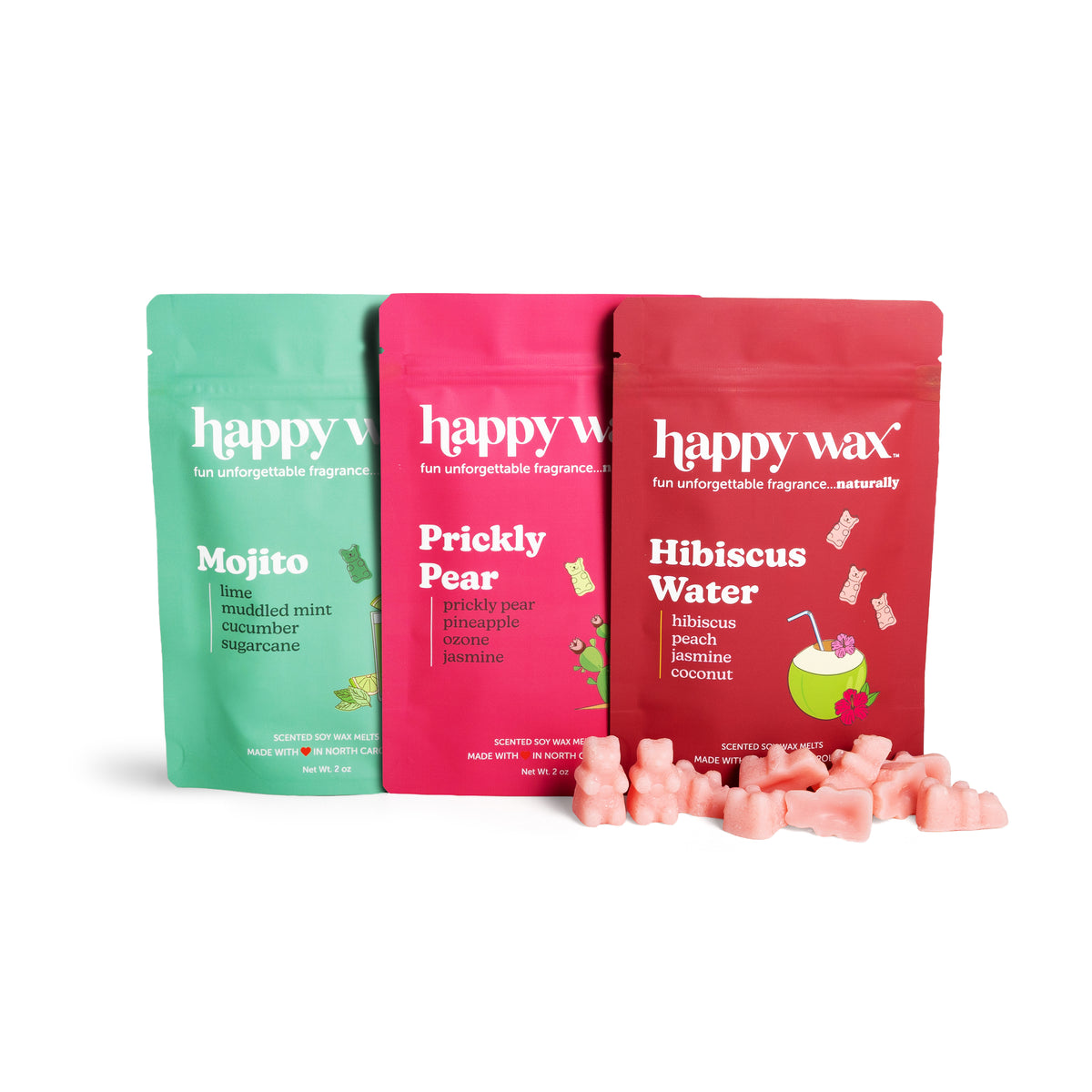 Three 'happy wax' wax melt packages on a white background