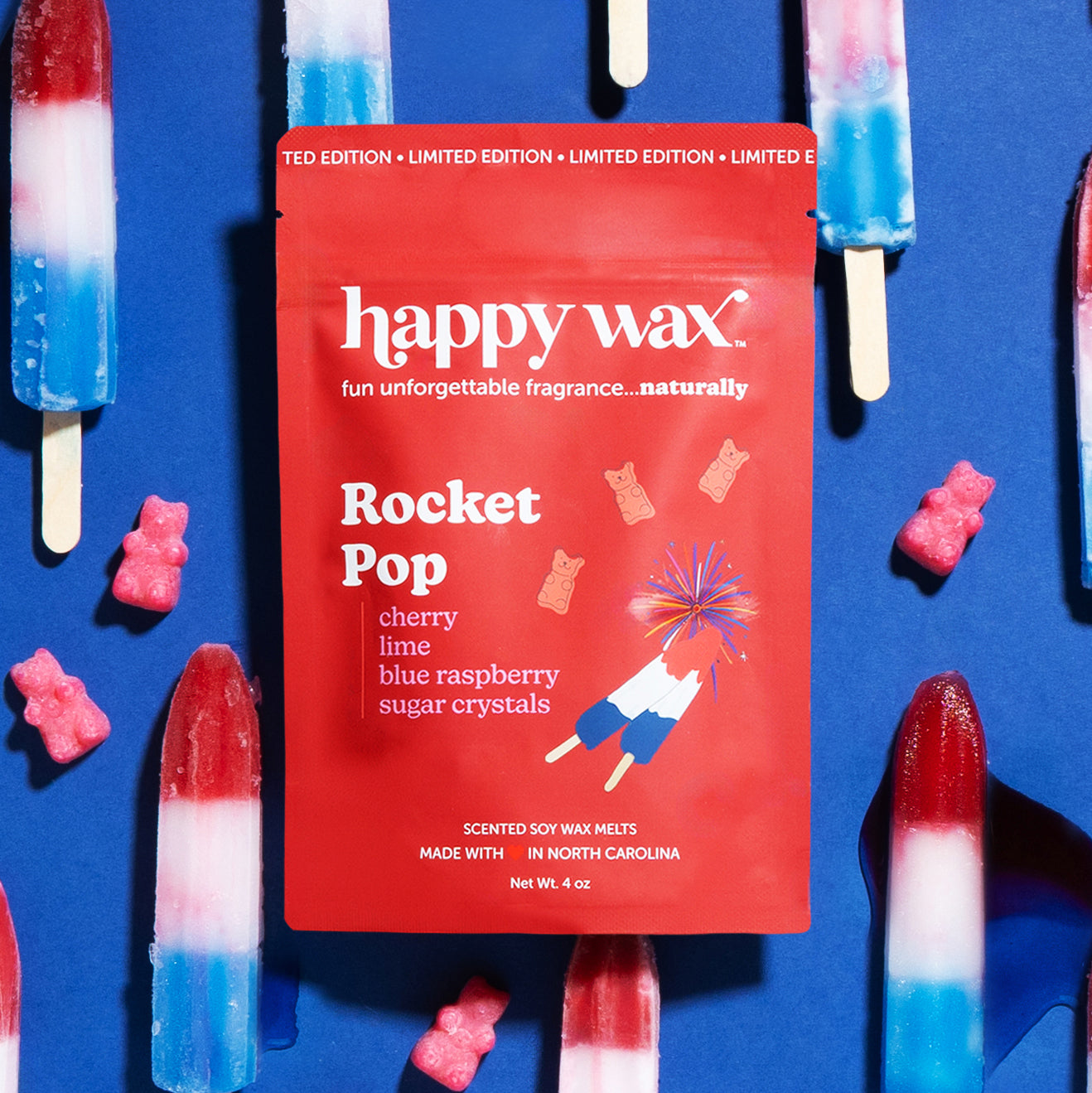 Rocket Pop wax melts pouch on blue background with popsicles melting