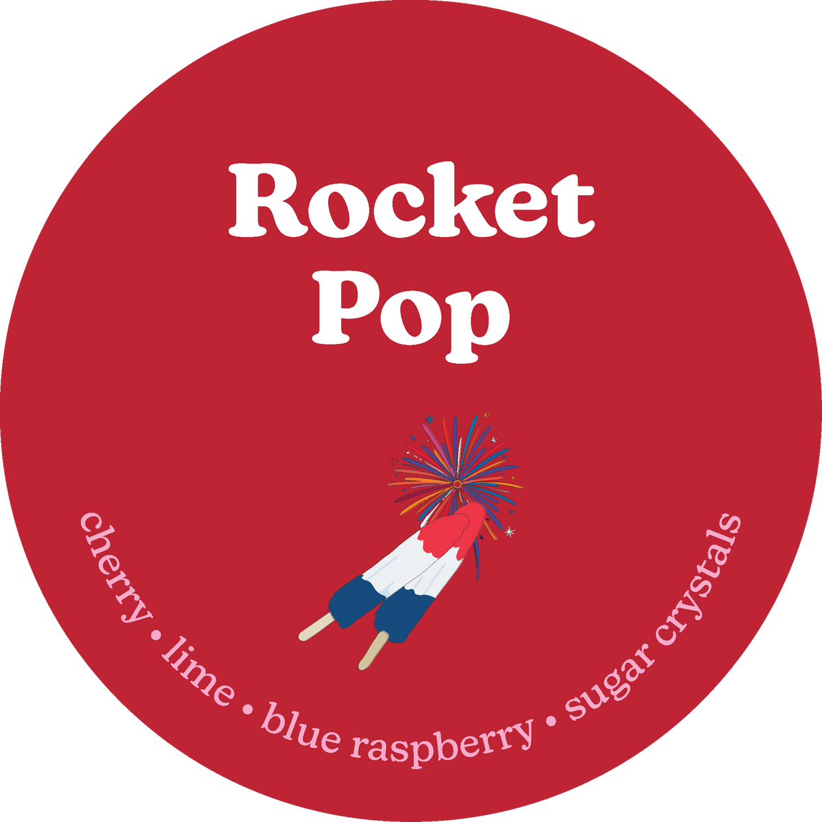 Round label for Rocket Pop with a red background, white text, and a graphic of a popsicle.