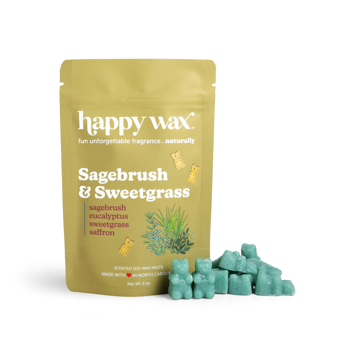 Gold pouch of Happy Wax brand sagebrush and sweetgrass scented soy wax melts with green wax chunks displayed beside it.
