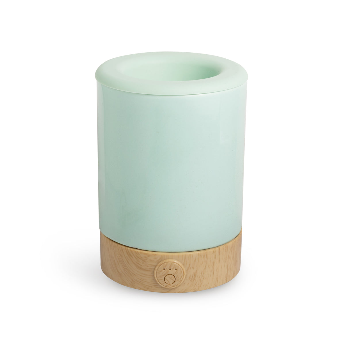 Seafoam green blue wax warmer with wood base on white background